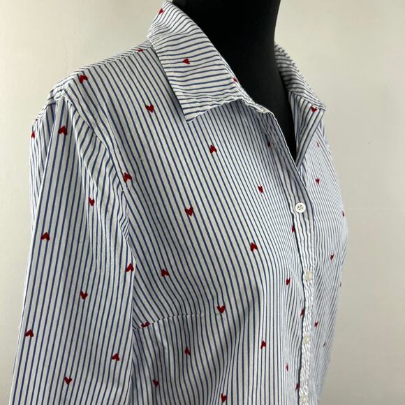 Talbots Blue White Red Top Cotton Striped Heart Collared Button-Up Size Small S - Picture 4 of 10